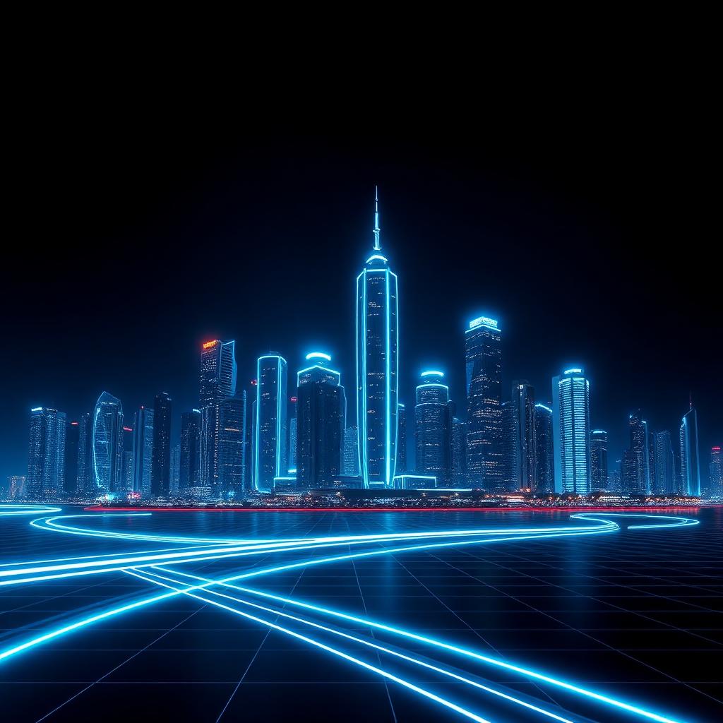 Futuristic Miami skyline at night with electric blue light trails
